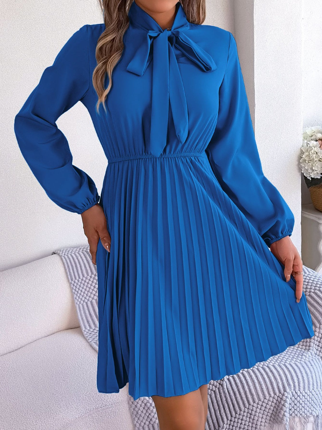 Tie Neck Balloon Sleeve Pleated Dress (5 Colors)