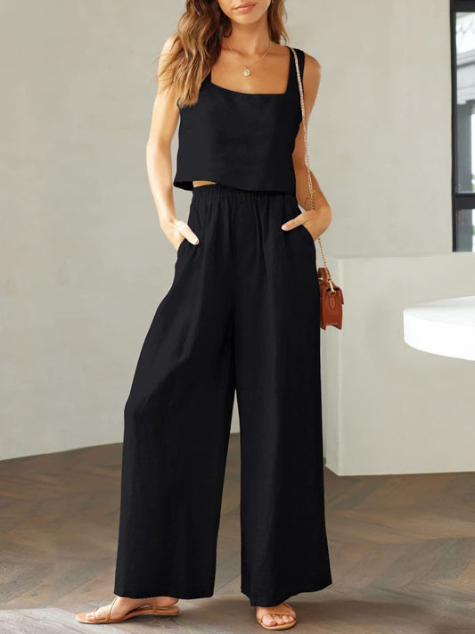 Square Neck Top and Wide Leg Pants Set (8 Colors)