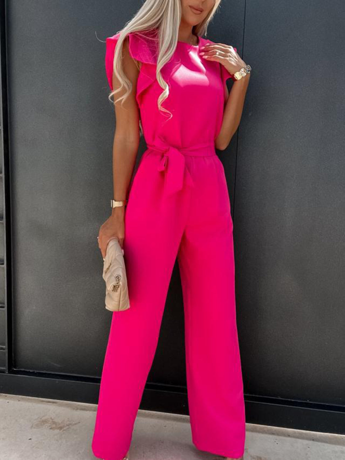 Ruffled Round Neck Cap Sleeve Jumpsuit