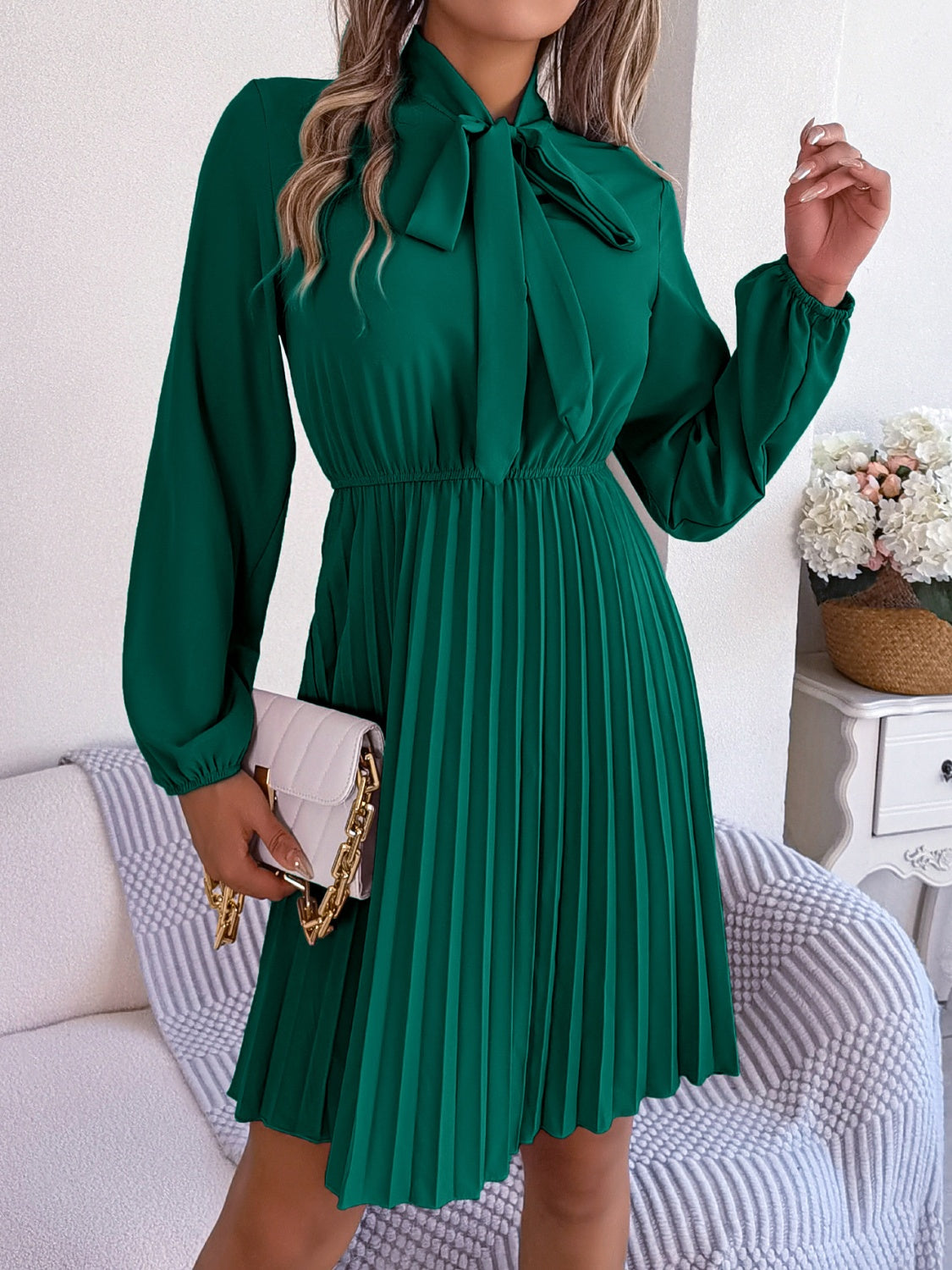 Tie Neck Balloon Sleeve Pleated Dress (5 Colors)