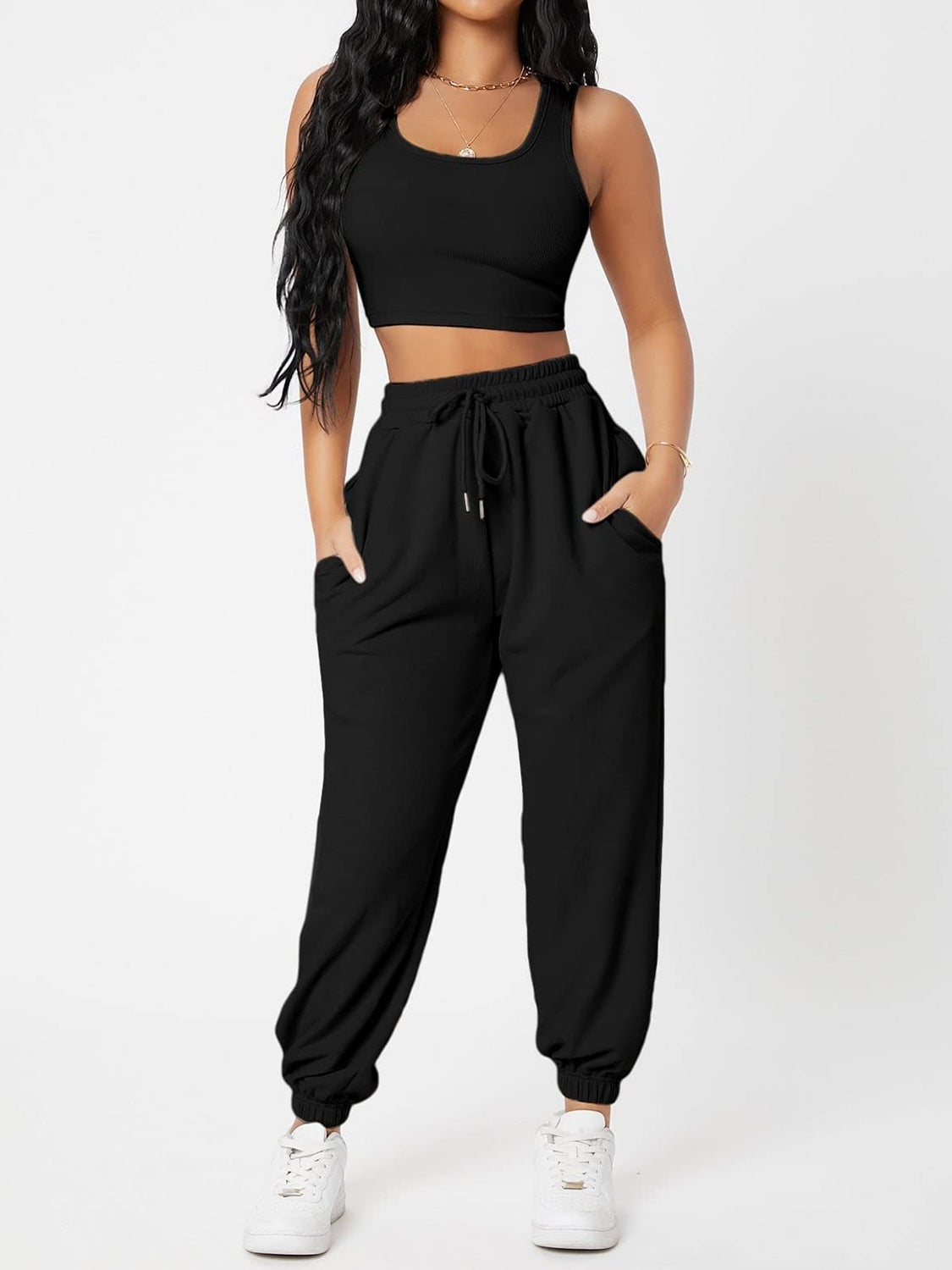 Outfit Set - Wide Strap Top and Drawstring Joggers Set (8 Colors)