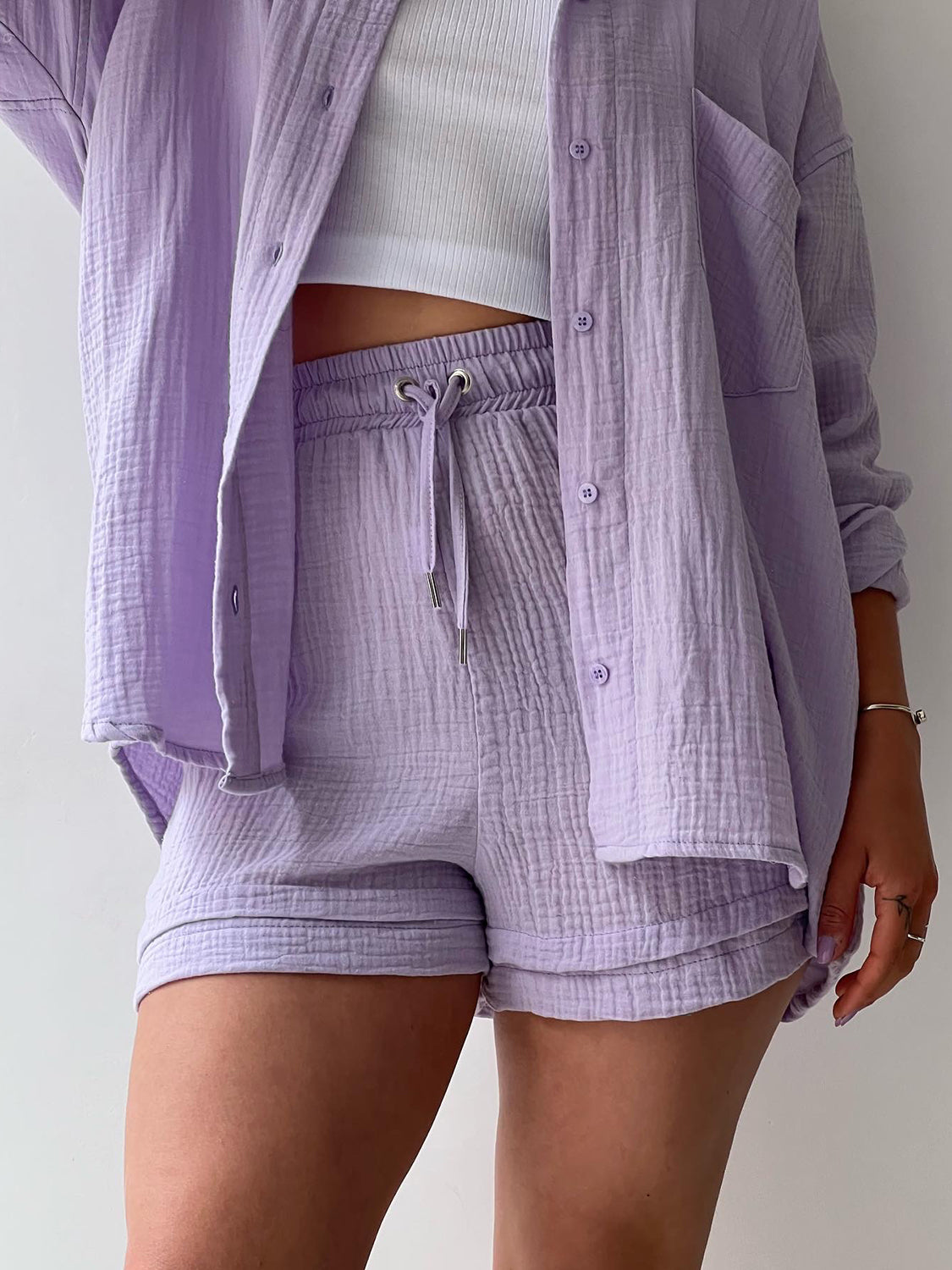 Outfit Set - Texture Button Up Shirt and Drawstring Shorts (11 Colors up to 2XL)