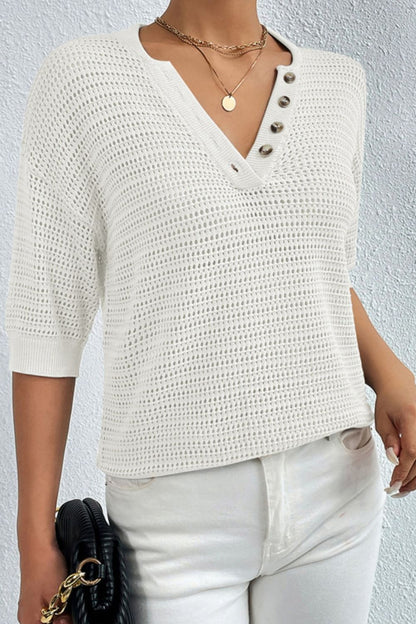 Openwork Half Button Dropped Shoulder Knit Top (4 Colors)