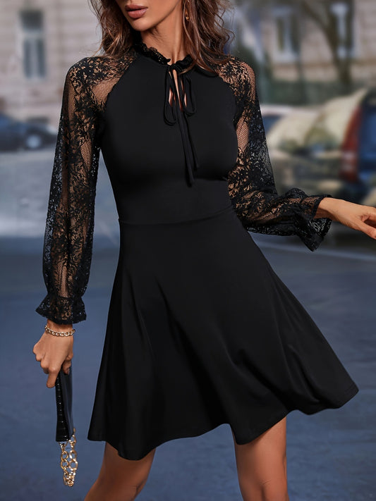Lace Tie Neck Flounce Sleeve Dress in Black