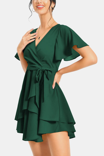 Surplice Neck Flutter Sleeve Dress (9 Colors)