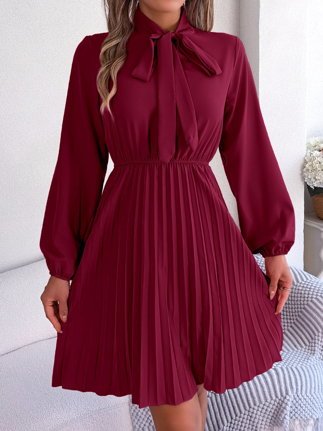 Tie Neck Balloon Sleeve Pleated Dress (5 Colors)