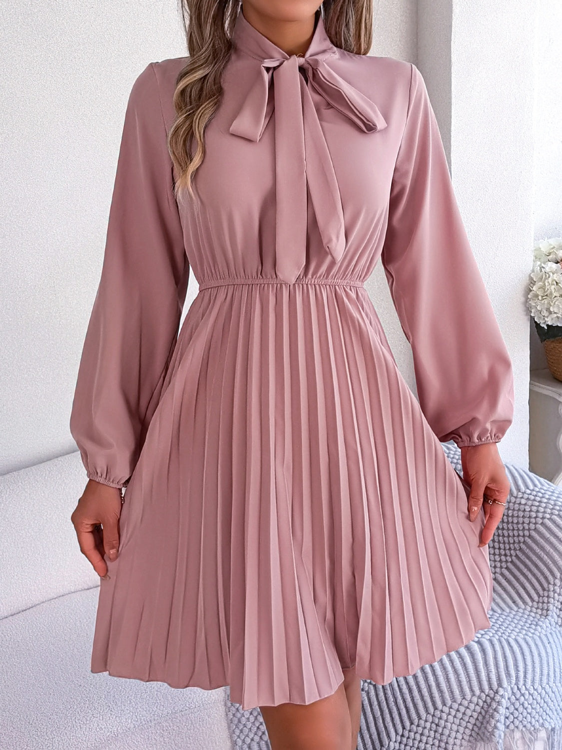 Tie Neck Balloon Sleeve Pleated Dress (5 Colors)