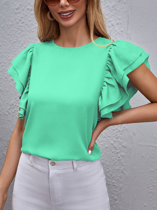 Round Neck Flounce Sleeve Blouse (7 Colors)