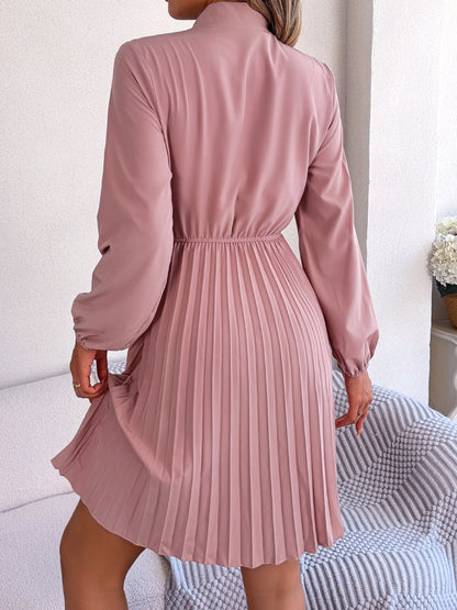 Tie Neck Balloon Sleeve Pleated Dress (5 Colors)