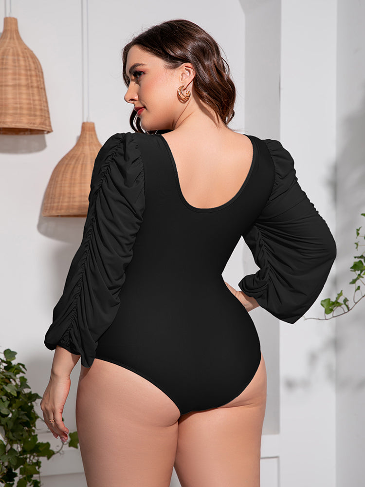 Plus Size Tied Deep V Balloon Sleeve One-Piece Swimsuit (2 Colors)