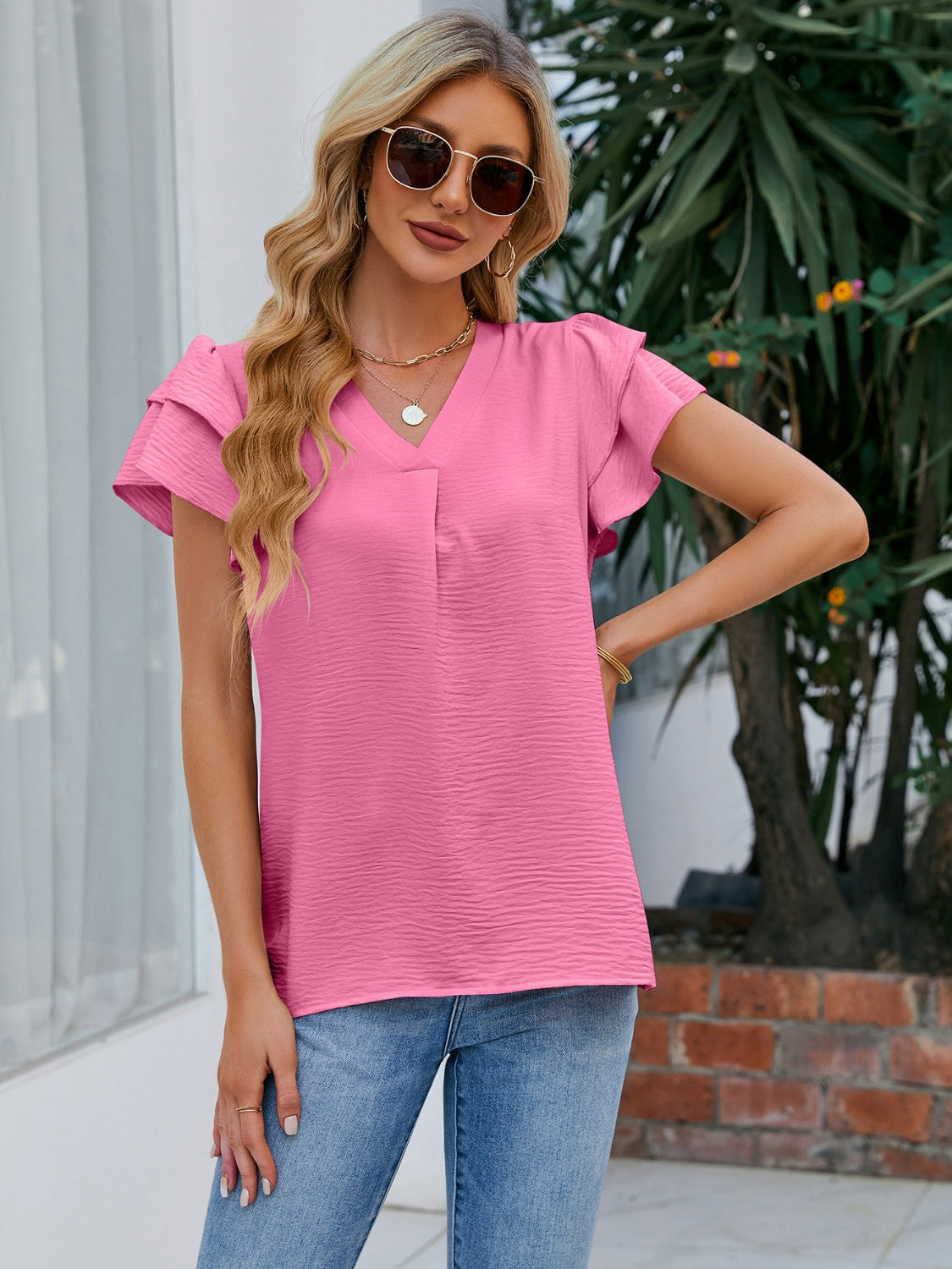 V-Neck Flounce Sleeve Blouse (6 Colors)