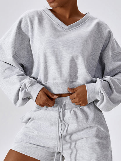 V-Neck Dropped Shoulder Sports Sweatshirt (4 Colors)