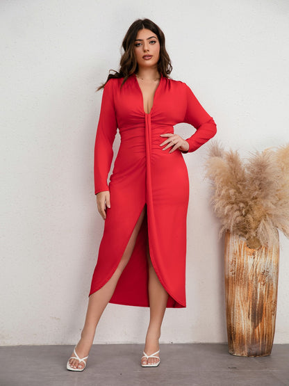 Plus Size Plunge Ruched Slit Dress (up to 5XL)