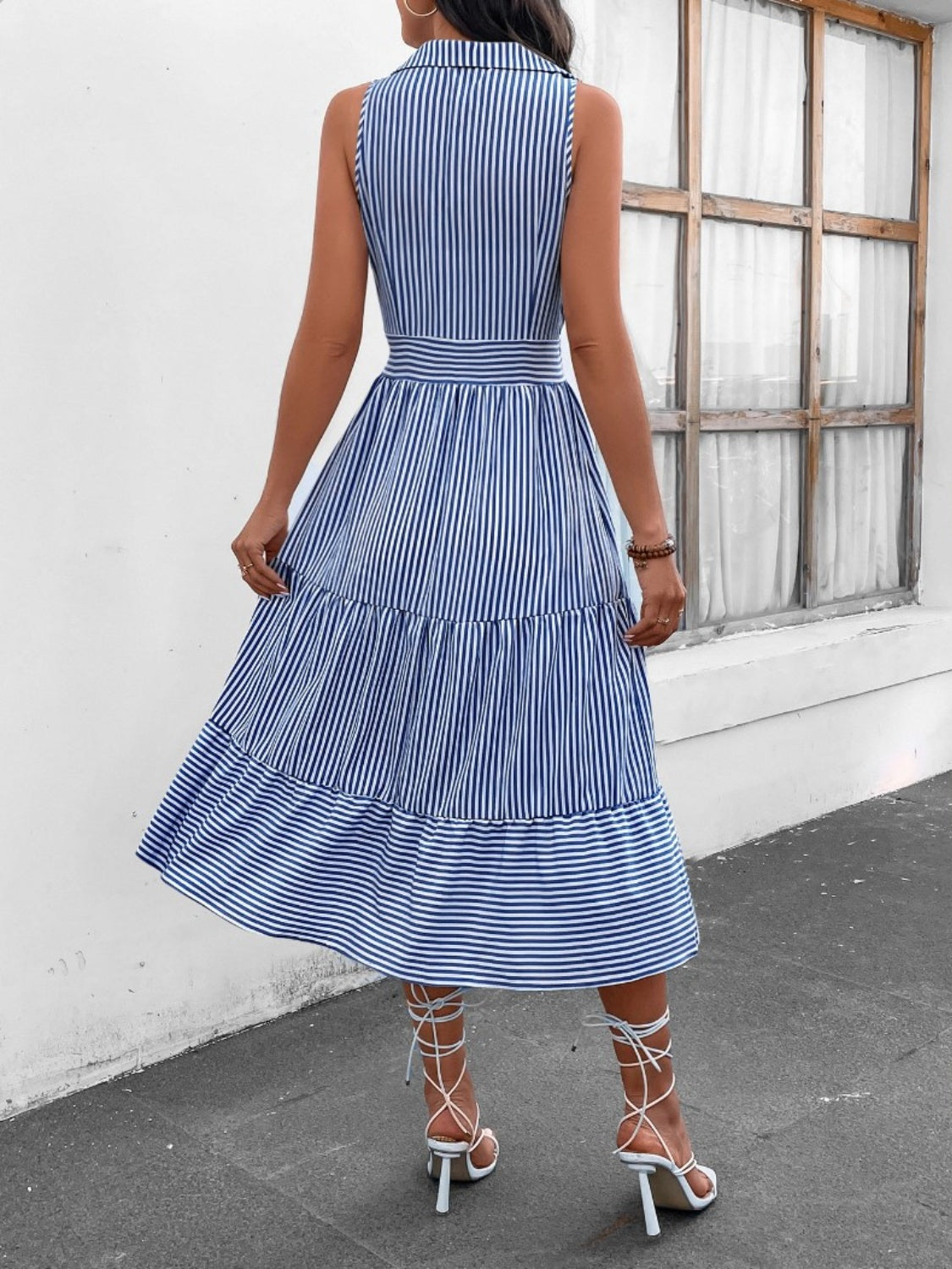 Striped Johnny Collar Sleeveless Midi Dress (7 Colors)