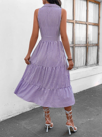 Striped Johnny Collar Sleeveless Midi Dress (7 Colors)