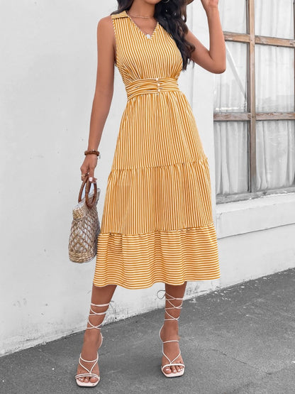 Striped Johnny Collar Sleeveless Midi Dress (7 Colors)