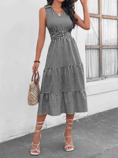 Striped Johnny Collar Sleeveless Midi Dress (7 Colors)