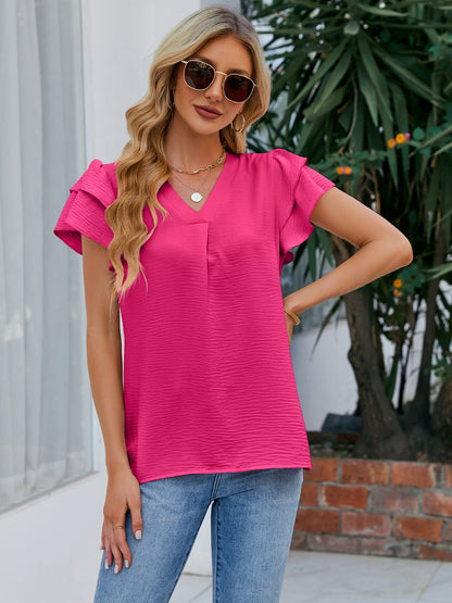 V-Neck Flounce Sleeve Blouse (6 Colors)