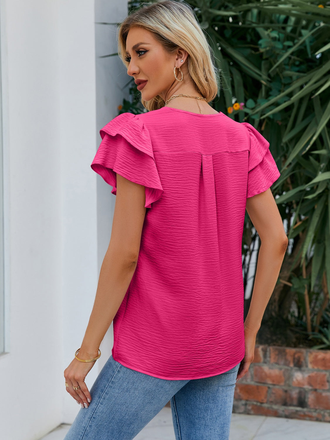 V-Neck Flounce Sleeve Blouse (6 Colors)