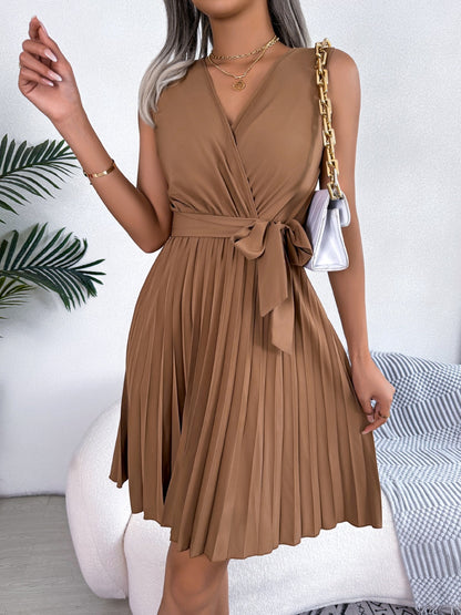 Tied Surplice Sleeveless Pleated Dress (3 Colors)