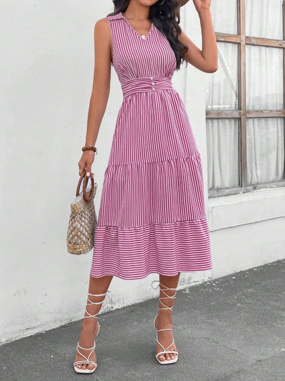 Striped Johnny Collar Sleeveless Midi Dress (7 Colors)