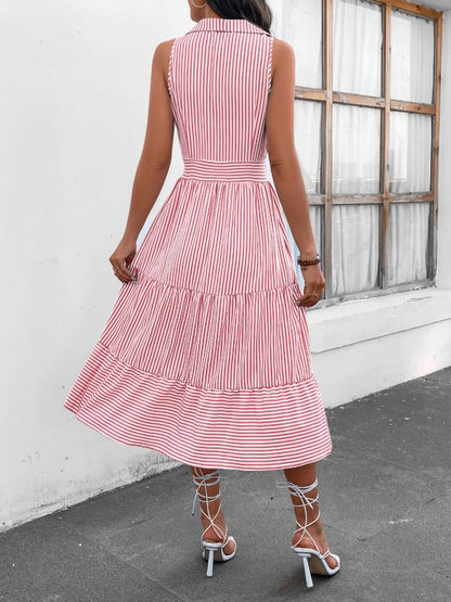 Striped Johnny Collar Sleeveless Midi Dress (7 Colors)