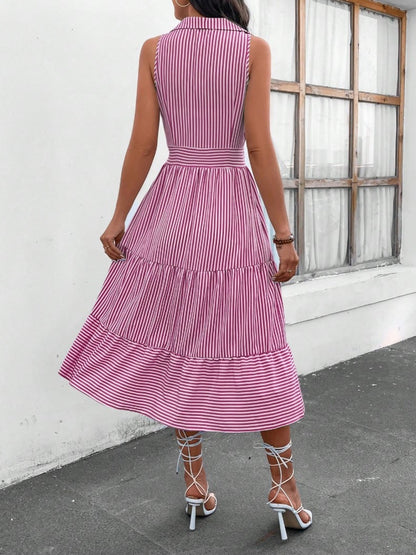 Striped Johnny Collar Sleeveless Midi Dress (7 Colors)