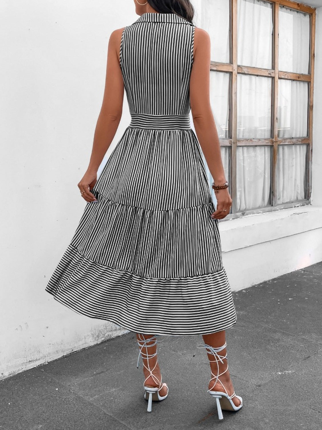 Striped Johnny Collar Sleeveless Midi Dress (7 Colors)